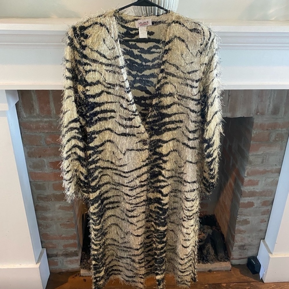VINTAGE & RARE Vejaiz Animal Print Sheer Deep V Draped Duster size Small